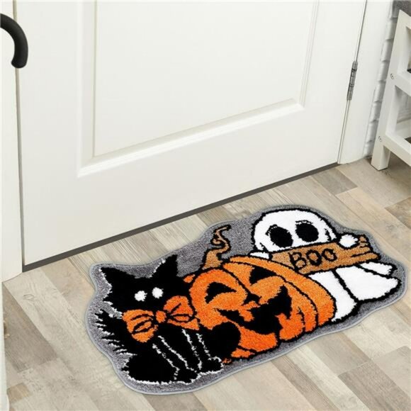 Halloween Bath Rug Ghost Pumpkin Black Cat Non Slip Tufted Bathroom Floor Mat - Picture 2 of 7